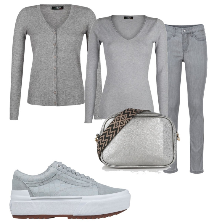 Outfit donna - Cardigan grigio. Stile Casual per Tutti i giorni. Abbinamento con jeans skinny, sneakers, borse a mano, cardigans, pullovers.