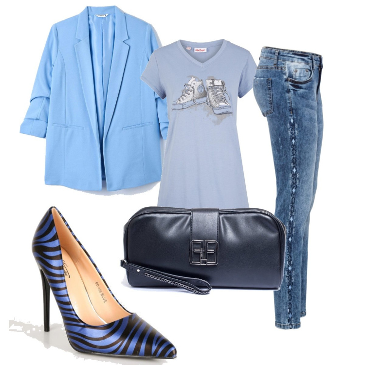 Outfit donna - Décolleté zebrato blu. Stile Casual chic per Serata fuori. Abbinamento con jeans skinny, maglieria, décolleté, blazer, pochette.