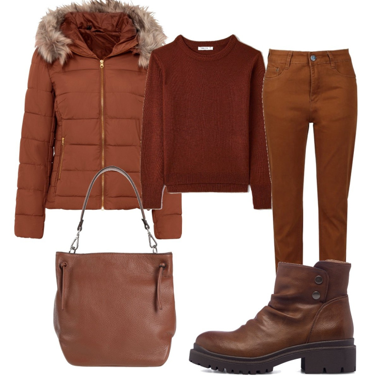Outfit donna - Marrone e ruggine. Stile Casual per Tutti i giorni. Abbinamento con giacche, borse a mano, maglieria, pantaloni, stivaletti.