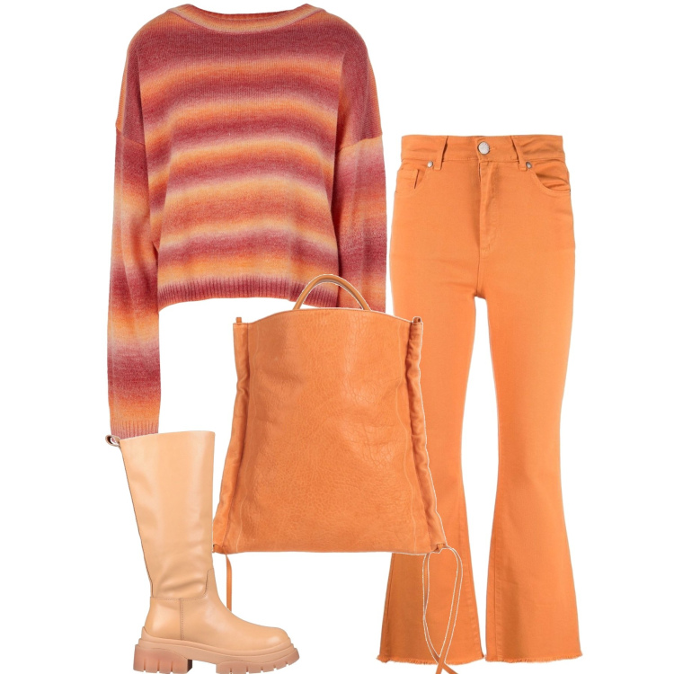 Outfit donna - Arancio. Stile Casual per Scuola/Università. Abbinamento con stivali, pullovers, borse a mano, pantaloni.