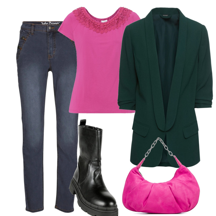 Outfit donna - In città. Stile Trendy per Tutti i giorni. Abbinamento con blazer, jeans, maglieria, stivaletti, borse a mano.