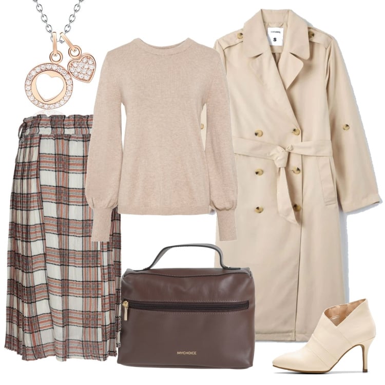 Outfit donna - In ufficio, preppy style!. Stile Preppy per Ufficio. Abbinamento con borse a mano, maglieria, stivaletti, gonne lunghe, collane, trench.