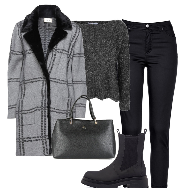 Outfit donna - In città. Stile Casual chic per Tutti i giorni. Abbinamento con pantaloni, cappotti, maglieria, borse a mano, stivaletti.