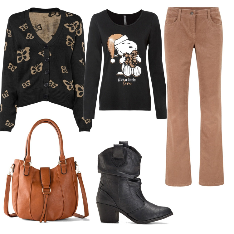 Outfit donna - BonPrix Christmas edition. Stile Basic per Tutti i giorni. Abbinamento con pantaloni, stivaletti texani, maglieria, cardigans, borse a mano.