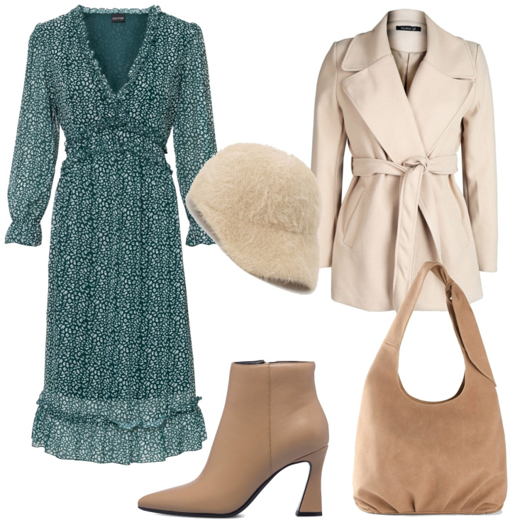 Outfit donna - PittaRosso Christmas edition. Stile Trendy per Ufficio. Abbinamento con vestiti, borse a tracolla, cappotti, cappelli con visiera, stivaletti.