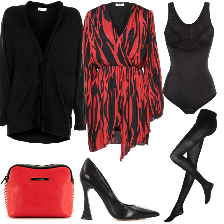 Outfit donna - Natale di Fuoco. Stile Chic per Serata fuori. Abbinamento con body, collant, vestiti corti, décolleté, cardigans, borse a tracolla.