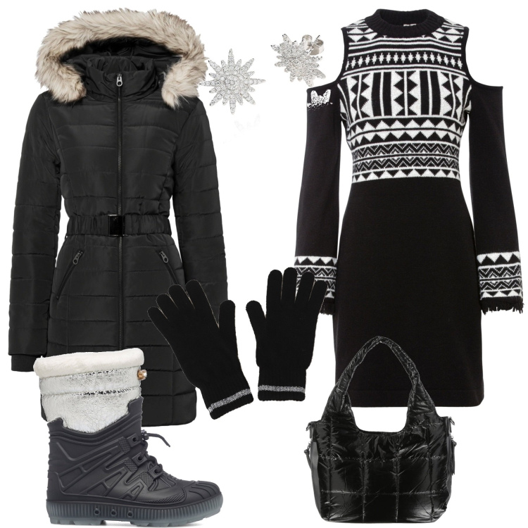 Outfit donna - Cena in baita dopo lo sci. Stile Casual chic per Serata fuori. Abbinamento con giacche, vestiti, borse a spalla, orecchini, guanti, stivali da neve.
