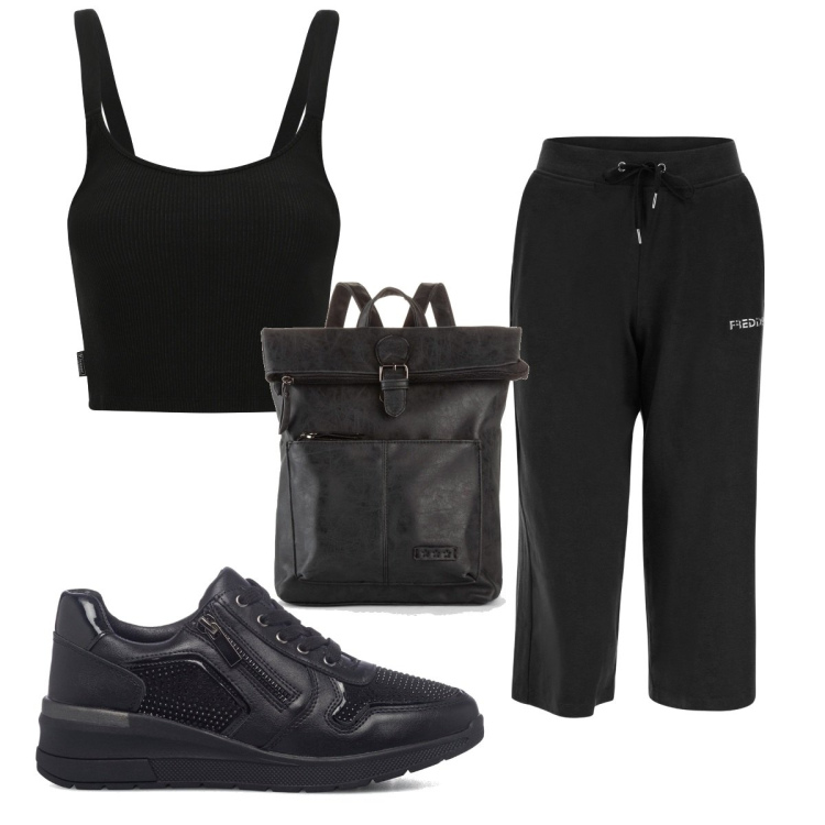 Outfit donna - Total look #1485511. Stile Trendy per Sport. Abbinamento con zaini, pantaloni a palazzo, top, sneakers.
