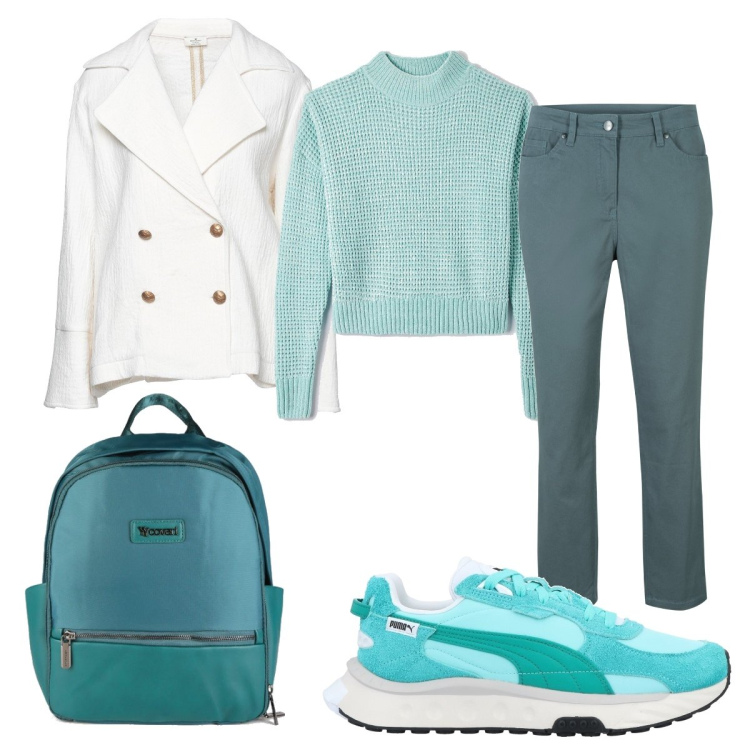 Outfit donna - Sneakers verde Puma. Stile Casual per Scuola/Università. Abbinamento con pantaloni, cappotti, sneakers, maglieria, zaini.