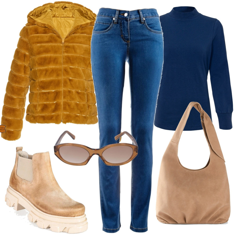 Outfit donna - Shopping in jeans. Stile Casual per Tutti i giorni. Abbinamento con jeans dritti, giacche, maglieria, borse a tracolla, stivaletti, occhiali da sole.