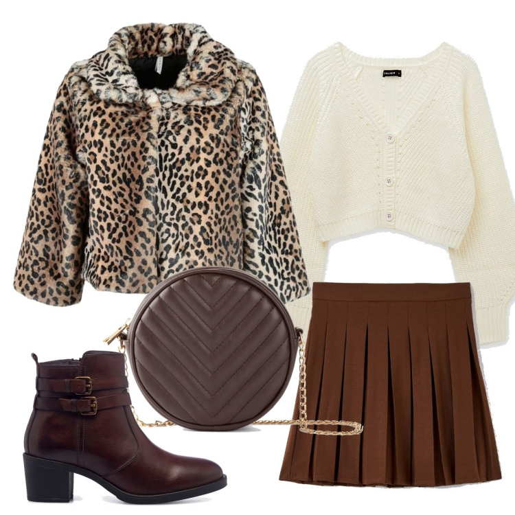 Outfit donna - Animalier versione preppy. Stile Preppy per Tutti i giorni. Abbinamento con borse a tracolla, minigonne, giacche, cardigans, stivaletti.