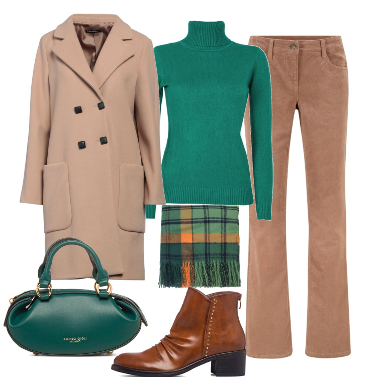 Outfit donna - In città. Stile Casual chic per Tutti i giorni. Abbinamento con pantaloni, cappotti, maglieria, foulard, stivaletti, borse a mano.