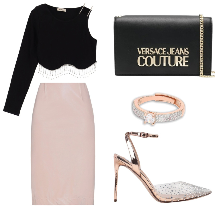 Outfit donna - Party di capodanno #3. Stile Glamour per Serata fuori. Abbinamento con décolleté, gonne longuette, pochette, anelli, top.