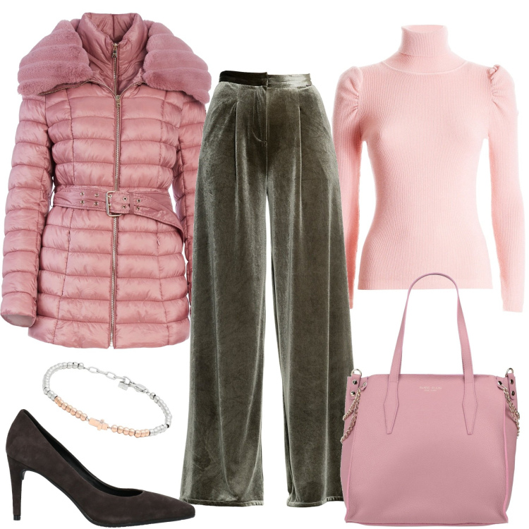 Outfit donna - Pantaloni in velluto. Stile Chic per Tutti i giorni. Abbinamento con borse a mano, braccialetti, décolleté, pantaloni a palazzo, piumini, maglieria.