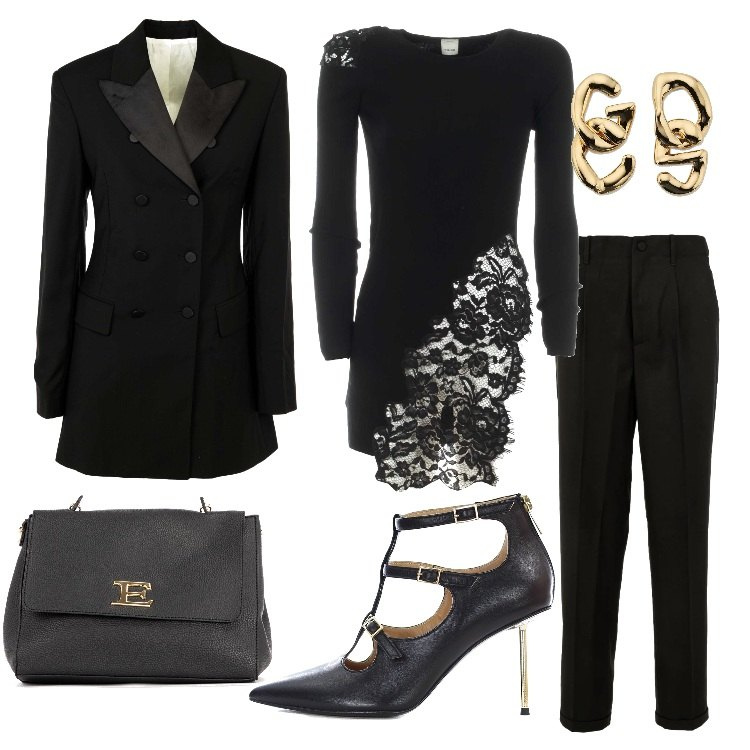 Outfit donna - OFF-Market - Christmas Edition 2022. Stile Chic per Serata fuori. Abbinamento con décolleté, orecchini, blazer, maglieria, borse a tracolla, pantaloni.