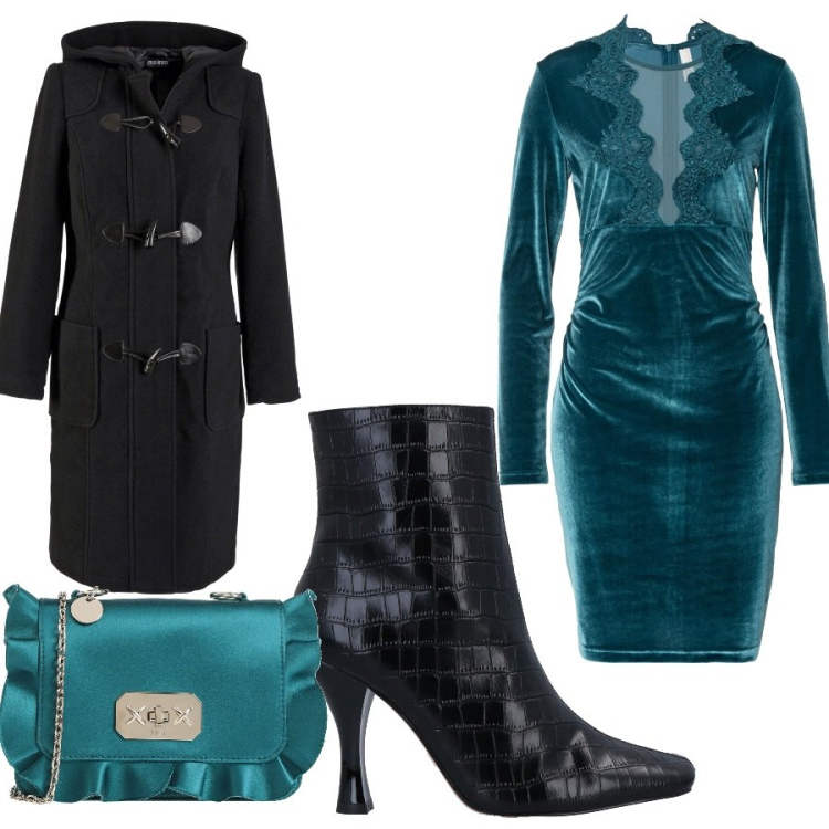 Outfit donna - In velluto verde. Stile Casual chic per Serata fuori. Abbinamento con montgomery, vestiti, borse a tracolla, stivaletti.