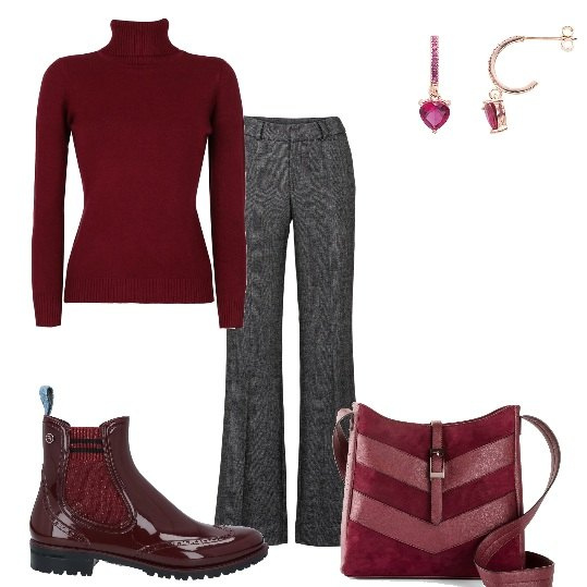 Outfit donna - Mi vesto comoda ma elegante. Stile Casual chic per Tutti i giorni. Abbinamento con pantaloni a palazzo, borse a tracolla, stivaletti, maglieria, orecchini.