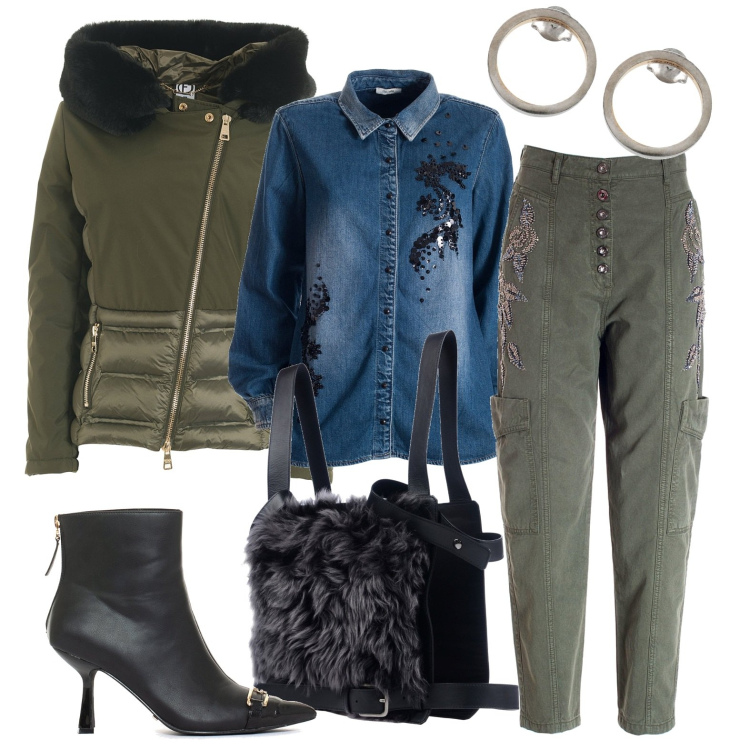 Outfit donna - Military anche a Natale. Stile Military per Serata fuori. Abbinamento con zaini, orecchini, pantaloni, camicie, blazer, stivaletti.
