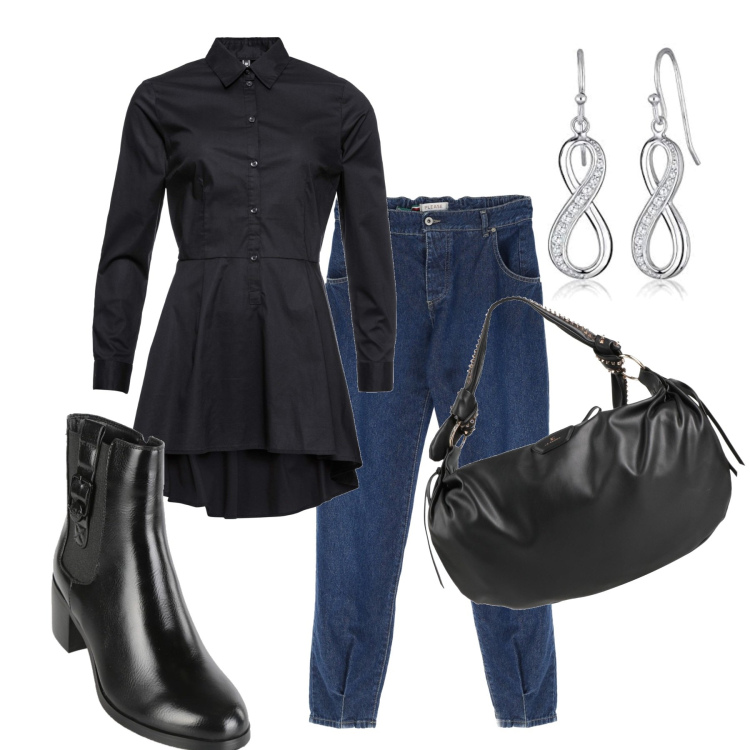 Outfit donna - Jeans glamour. Stile Glamour per Ufficio. Abbinamento con camicie, borse a spalla, stivaletti, jeans, orecchini.