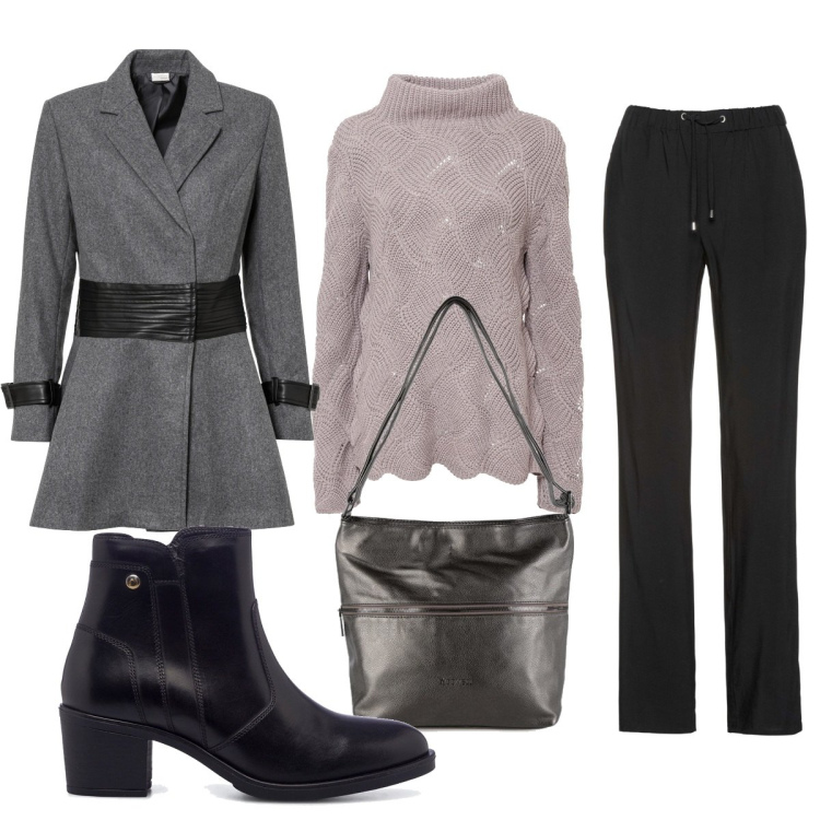 Outfit donna - Total look #1485946. Stile Trendy per Tutti i giorni. Abbinamento con pantaloni, cappotti, maglieria, borse a tracolla, stivaletti.