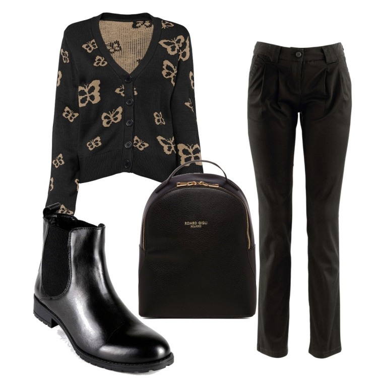 Outfit donna - Total look #1485962. Stile Trendy per Tutti i giorni. Abbinamento con pantaloni chino, cardigans, stivaletti, zaini.
