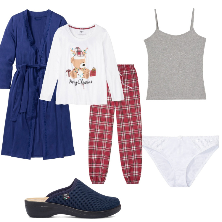 Outfit donna - Buonanotte a Natale. Stile Basic per Tutti i giorni. Abbinamento con vestaglie, pigiama, slip, canottiere, ciabatte.