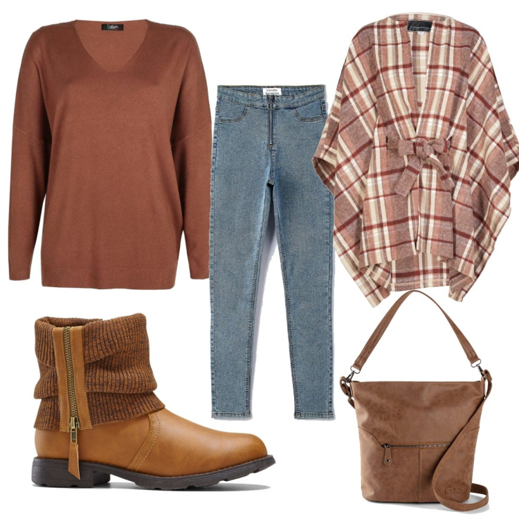 Outfit donna - A dicembre con la mantella. Stile Trendy per Tutti i giorni. Abbinamento con stivaletti, cappe, borse a tracolla, jeggings, pullovers.
