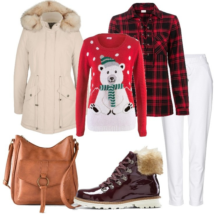 Outfit donna - La magia del Natale Bantoa. Stile Casual per Tutti i giorni. Abbinamento con pantaloni, borse a tracolla, stivaletti, parka, maglieria, bluse.