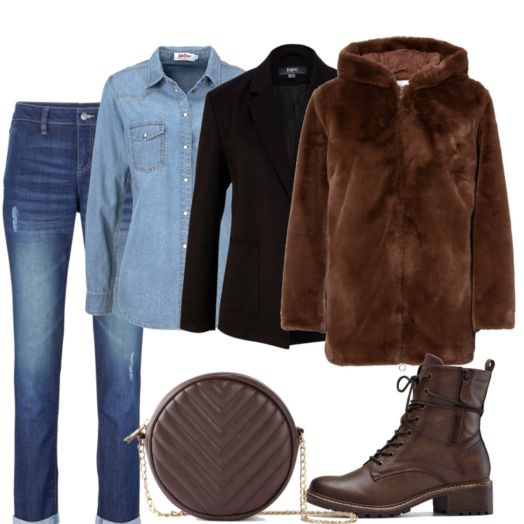 Outfit donna - Ecopelliccia tutti i giorni. Stile Trendy per Scuola/Università. Abbinamento con camicie, ecopellicce, stivaletti, jeans boyfriend, blazer, borse a tracolla.