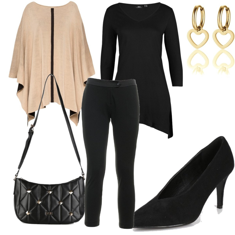 Outfit donna - Borsa Basile nera. Stile Chic per Serata fuori. Abbinamento con maglieria, cappotti, décolleté, borse a tracolla, pantaloni capri, orecchini.