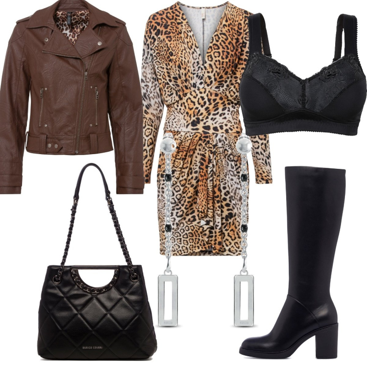 Outfit donna - Stivali neri in pelle con tacco largo. Stile Casual chic per Serata fuori. Abbinamento con reggiseni, giacche, vestiti, orecchini, stivali sopra il ginocchio, borse a mano.