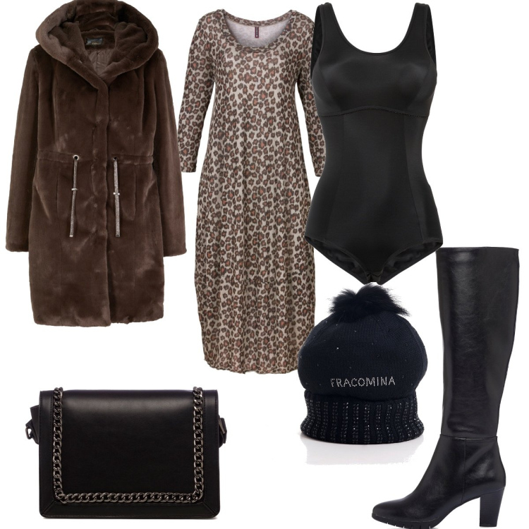 Outfit donna - Pelliccia marrone al ginocchio. Stile Casual chic per Serata fuori. Abbinamento con vestiti midi/longuette, ecopellicce, body, cappelli, stivali, borse a tracolla.