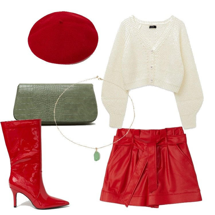 Outfit donna - I colori del Natale by Calliope. Stile Trendy per Serata fuori. Abbinamento con bermuda, cardigans, stivali, cappelli con visiera, borse a spalla, ciondoli.
