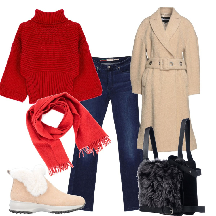 Outfit donna - Total look #1486199. Stile Casual chic per Tutti i giorni. Abbinamento con stivaletti, zaini, cappotti, jeans a zampa, sciarpe, maglieria.