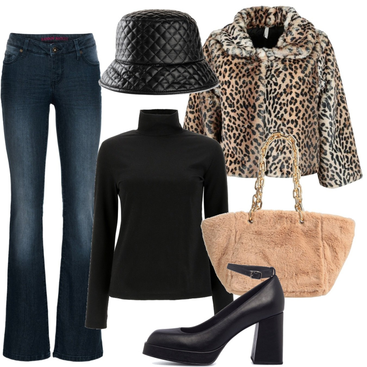 Outfit donna - Un giro in centro. Stile Glamour per Tutti i giorni. Abbinamento con cappelli con visiera, jeans bootcut, borse a spalla, giacche, maglieria, décolleté.