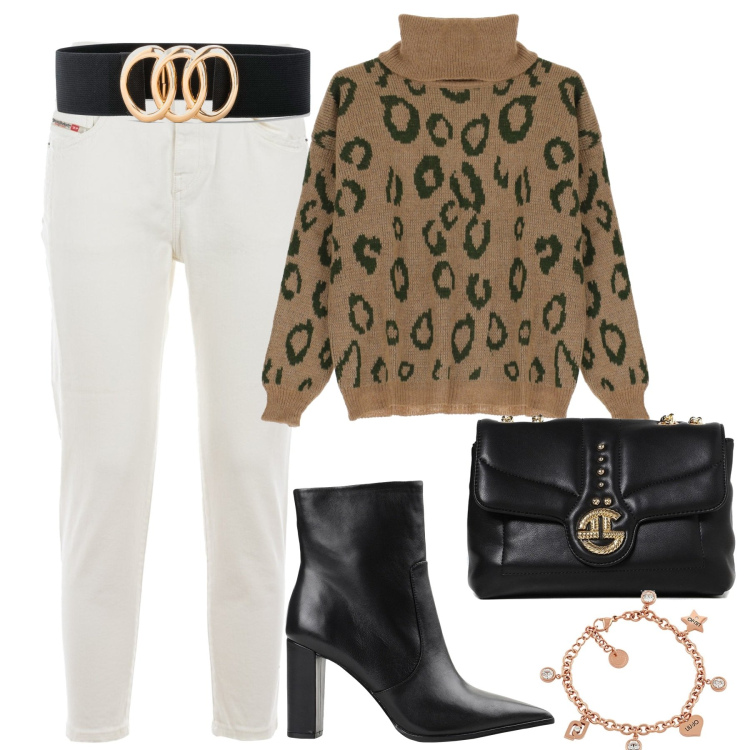 Outfit donna - Jeans bianchi e maglione ampio. Stile Casual chic per Tutti i giorni. Abbinamento con cinture, stivaletti, borse a tracolla, maglieria, braccialetti, jeans.
