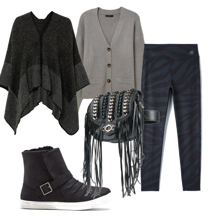 Outfit donna - Total look #1486218. Stile Etnico per Tutti i giorni. Abbinamento con stivaletti, cappotti, marsupi, leggings sportivo, cardigans.