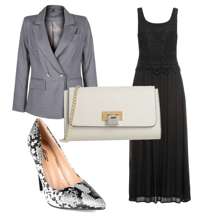 Outfit donna - Total look #1486232. Stile Chic per Cerimonia. Abbinamento con borse a tracolla, vestiti midi/longuette, décolleté, blazer.