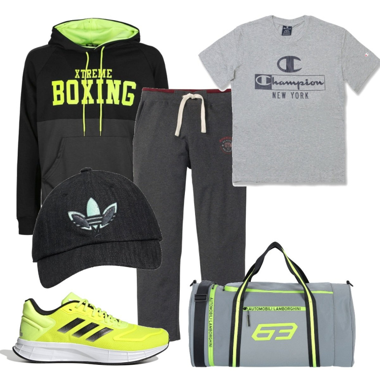 Outfit uomo - Outfit sportivo per la palestra. Stile Casual per Sport. Abbinamento con pantaloni, borse sportive, felpe con cappuccio, scarpe sportive, t-shirt, cappelli.