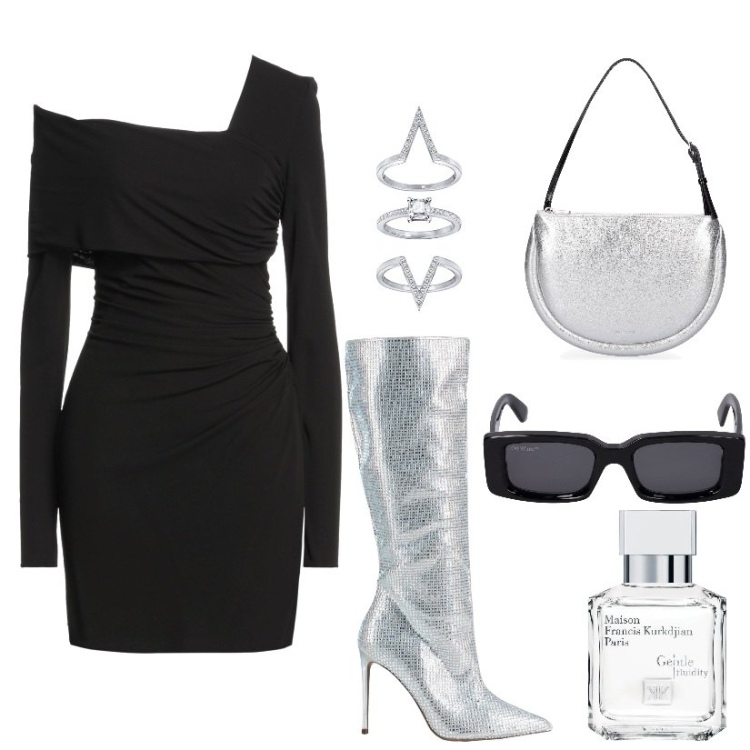 Outfit donna - Total look #1486344. Stile Glamour per Serata fuori. Abbinamento con stivali, vestiti corti, occhiali da sole, profumi, borse a spalla, anelli.