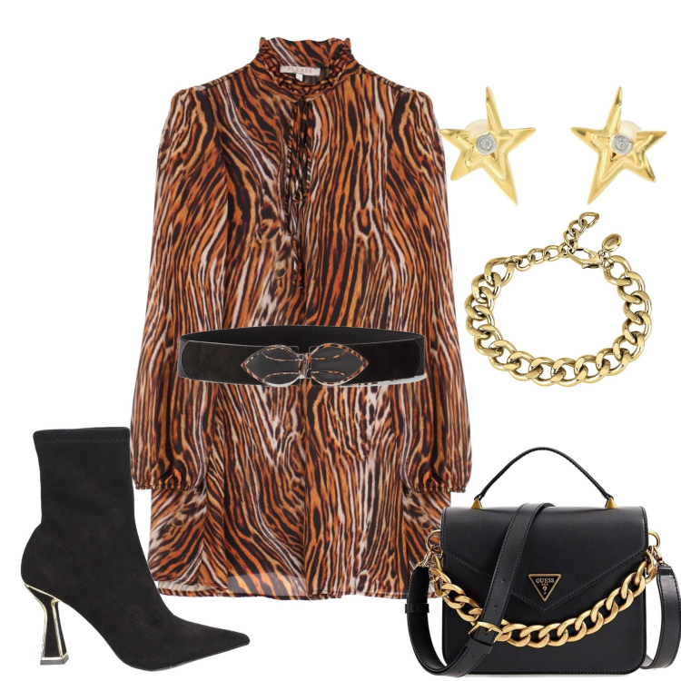 Outfit donna - Miniabito animalier. Stile Casual chic per Serata fuori. Abbinamento con cinture, vestiti corti, borse a mano, stivaletti, braccialetti, orecchini.