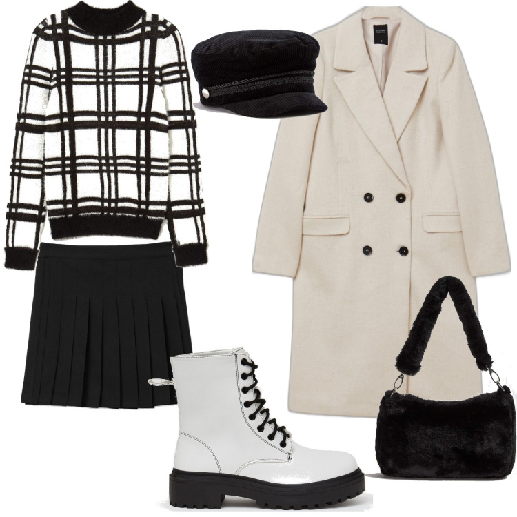 Outfit donna - Minimal. Stile Casual per Tutti i giorni. Abbinamento con borse a spalla, cappelli con visiera, cappotti, minigonne, maglieria, anfibi.