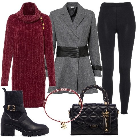 Outfit donna - PittaRosso - Christams Edition 2022. Stile Casual chic per Serata fuori. Abbinamento con maglieria, cappotti, leggings, braccialetti, stivaletti, borse a mano.