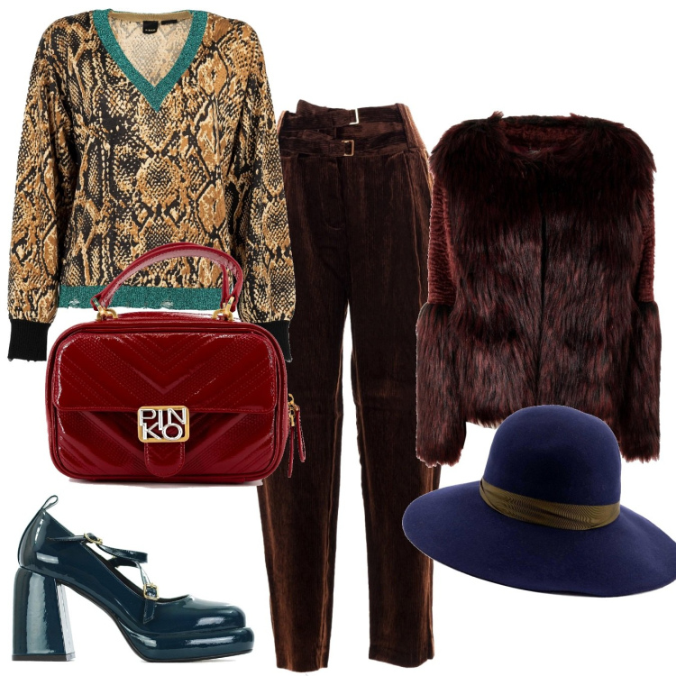 Outfit donna - Chic. Stile Trendy per Serata fuori. Abbinamento con décolleté, cappelli, pantaloni, cappotti, maglieria, borse a tracolla.