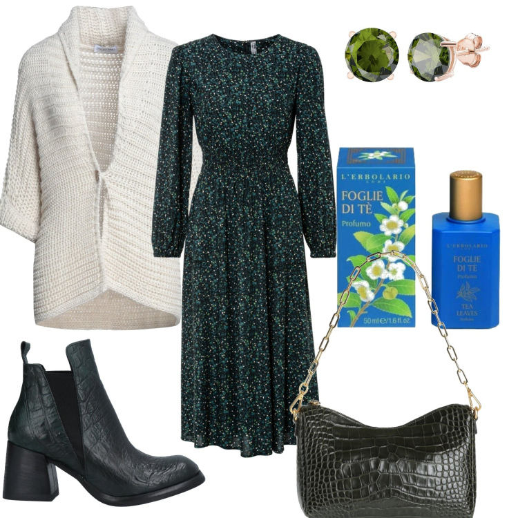 Outfit donna - Fiorellini verdi e stivaletti. Stile Casual chic per Serata fuori. Abbinamento con vestiti midi/longuette, cardigans, borse a mano, stivaletti, orecchini, profumi.