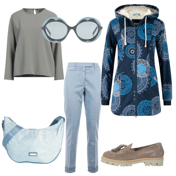 Outfit donna - Pomeriggio in libertà. Stile Casual per Tutti i giorni. Abbinamento con parka, mocassini, borse a tracolla, bluse, occhiali da sole, pantaloni.