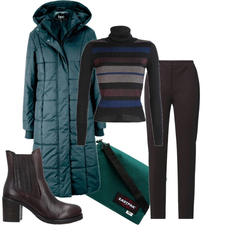 Outfit donna - La dolcevita a righe. Stile Urban per Ufficio. Abbinamento con blazer, stivaletti, pantaloni, pullovers, borse a spalla.
