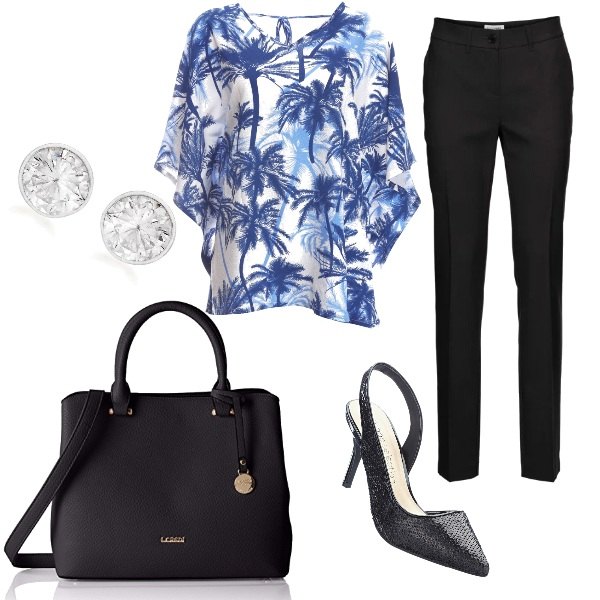 Outfit donna - Passeggiata in città. Stile Bon Ton per Tutti i giorni. Abbinamento con pantaloni, décolleté pumps con cinturino e paillettes con tacco alto nero, tunica, borsa nero, orecchini a perno in sterling 925 ipoallergenico argento e bianco.