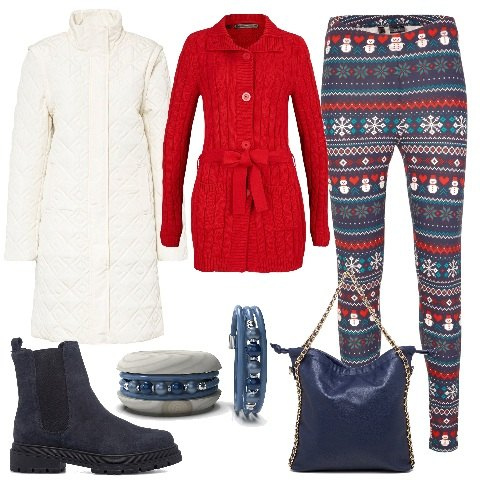 Outfit donna - PittaRosso - Christams Edition 2022. Stile Casual chic per Serata fuori. Abbinamento con cardigans, leggings, piumini, braccialetti, stivaletti, borse a spalla.