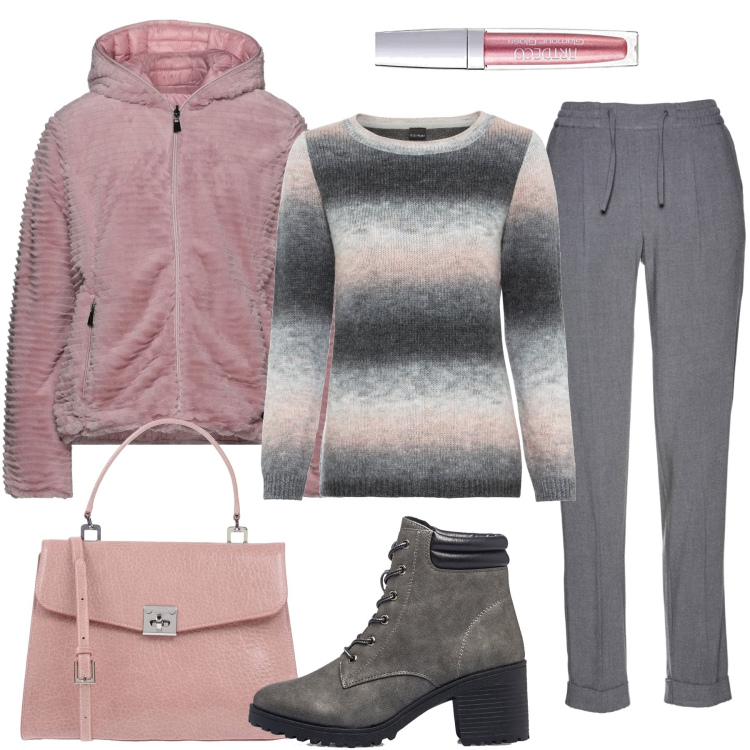 Outfit donna - Sfumature di rosa. Stile Casual per Tutti i giorni. Abbinamento con pantaloni, maglieria, cappotti, borse a cartella, anfibi, gloss.